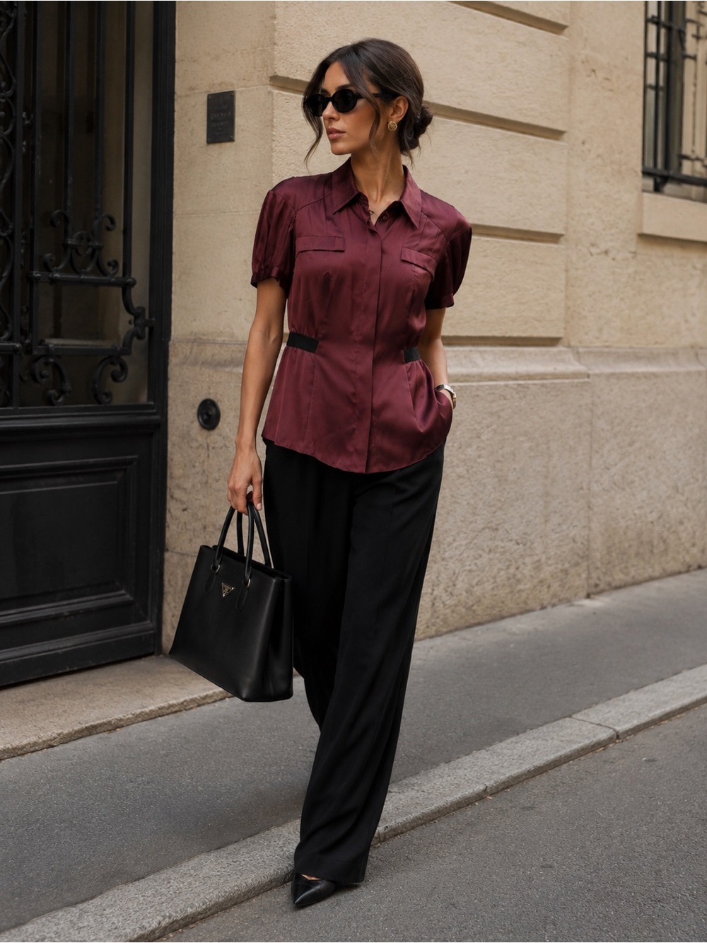 Vintage Prada Sulk Satin Short Sleeve Button Front Blouse size 0 brown